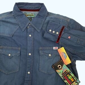 2OH Threads Denim Western Shirt‎ Womens Size S Blue Fringe Hem Velvet Cuff NEW!